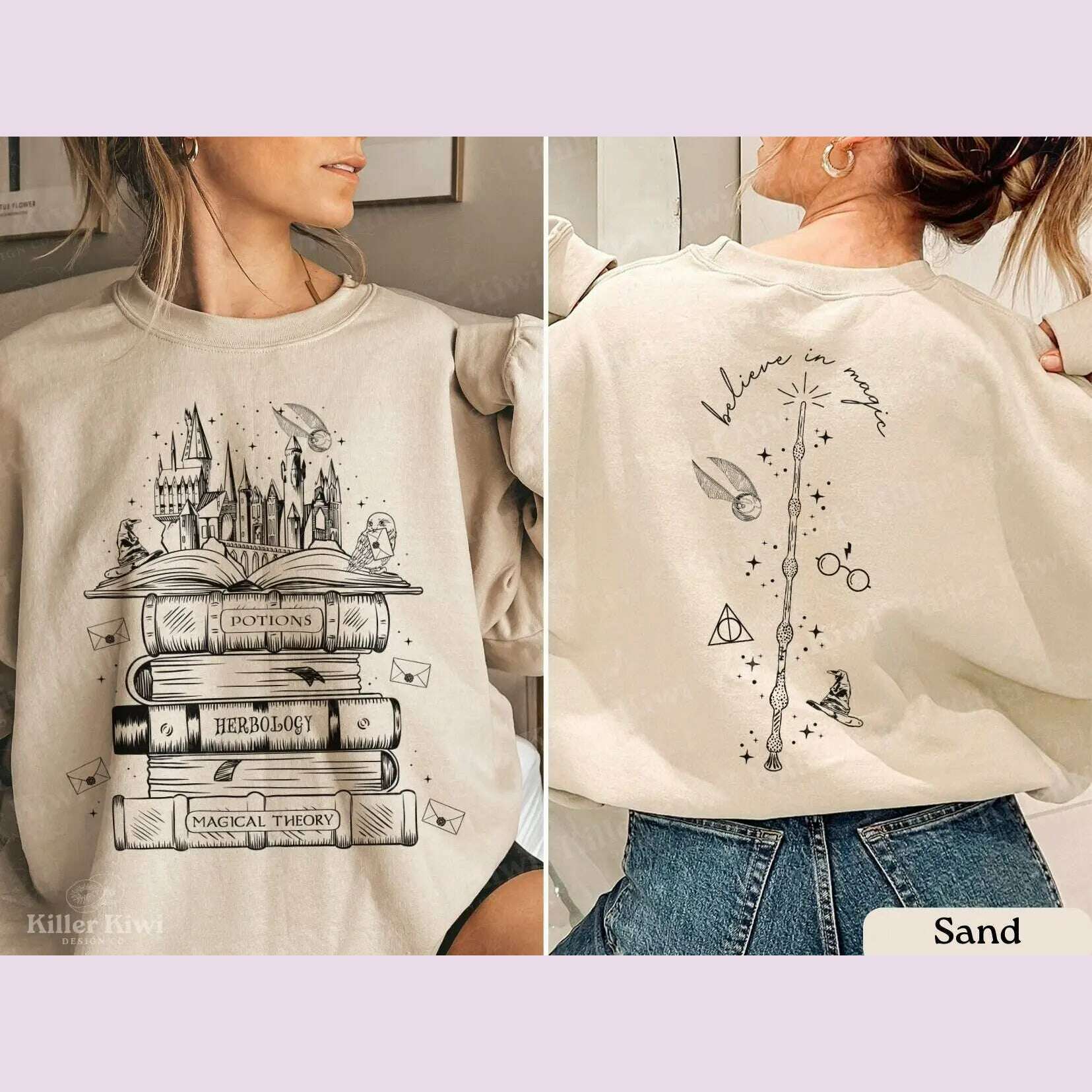 KIMLUD, Vintage Magic Tome Castle Magic Stick Print Women Sweatshirt 2024 New Voguish Vintage Cotton Female Sweater Stylish Girl Tops, creamy-white / L, KIMLUD APPAREL - Womens Clothes