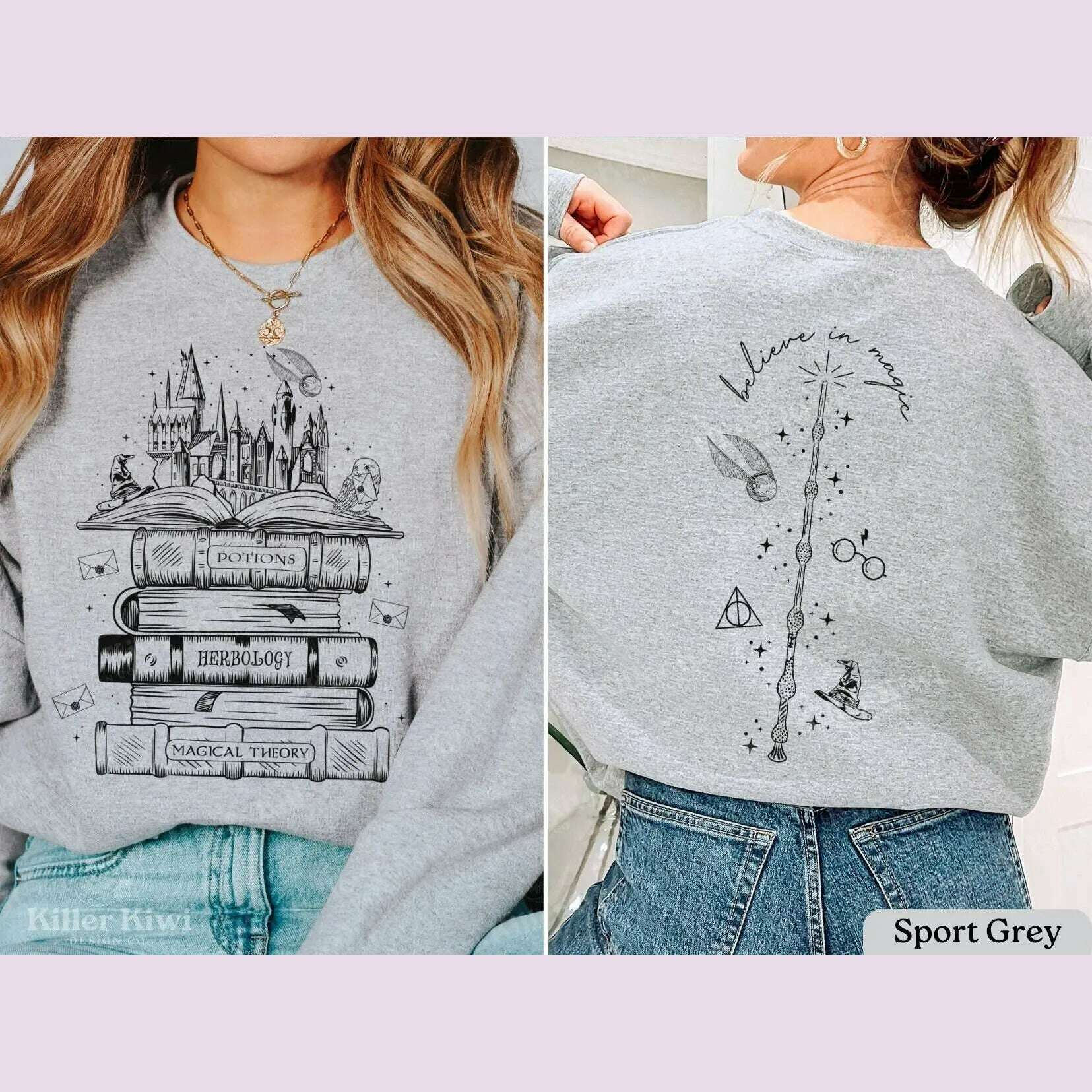 KIMLUD, Vintage Magic Tome Castle Magic Stick Print Women Sweatshirt 2024 New Voguish Vintage Cotton Female Sweater Stylish Girl Tops, GRAY / S, KIMLUD APPAREL - Womens Clothes