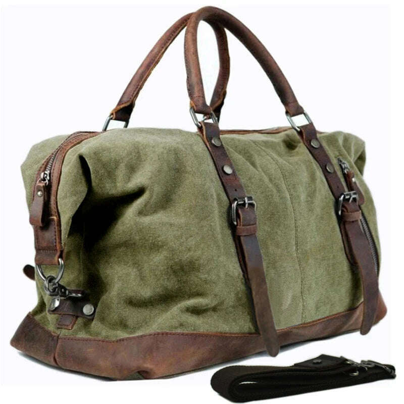 Vintage military Canvas Leather men travel bags Carry on Luggage bags Men Duffel bags travel tote large weekend Bag Overnight - KIMLUD