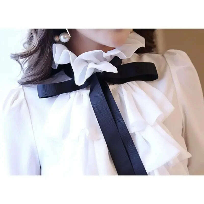 KIMLUD, Vintage Ruffled Chiffon Blouse Women's Long Sleeve White Shirt Top for Eye Catching Style, KIMLUD Womens Clothes