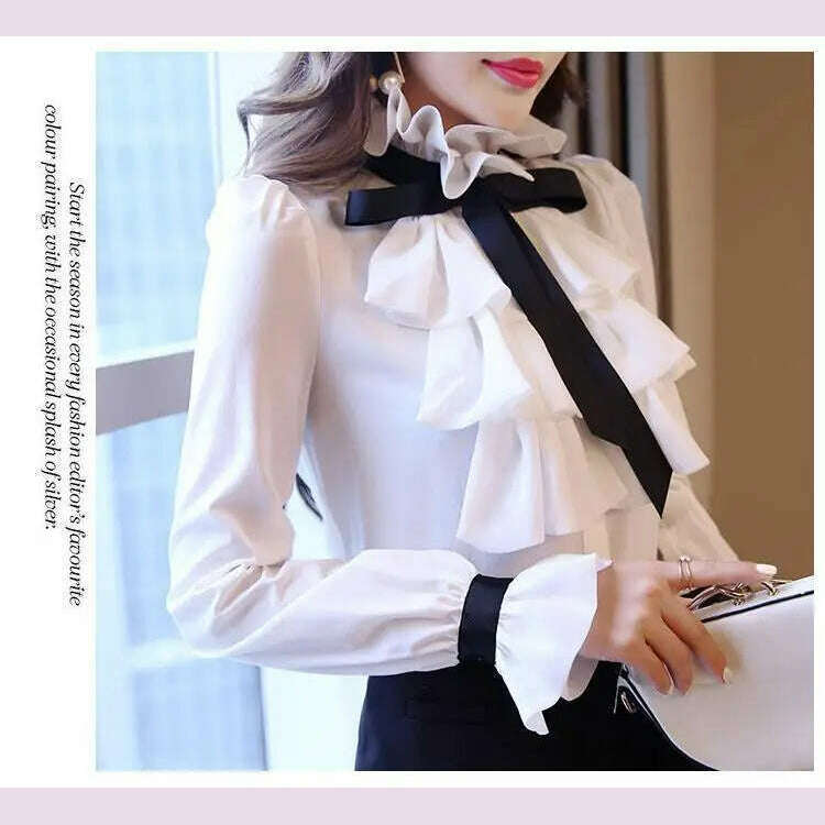 KIMLUD, Vintage Ruffled Chiffon Blouse Women's Long Sleeve White Shirt Top for Eye Catching Style, KIMLUD Womens Clothes