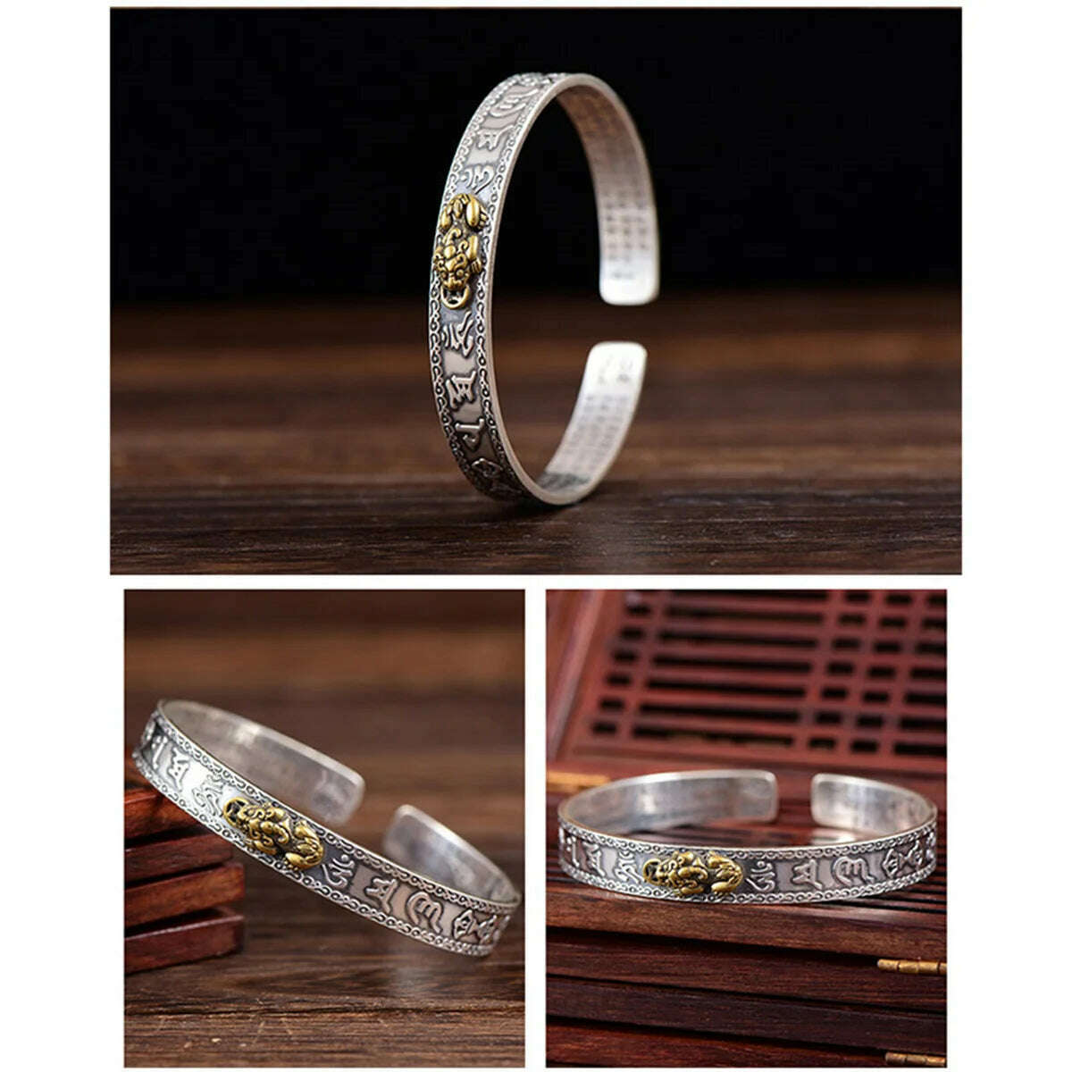 KIMLUD, Vintage Silver Plated Feng Shui Pixiu Open Bangle Bracelet for Men Women Unisex Wristband Pixiu Wealth and Good Luck Jewelry, KIMLUD Womens Clothes