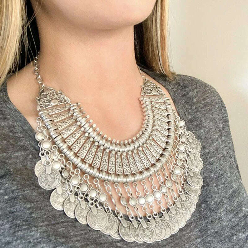 KIMLUD, Vintage Silvery Coin Choker Necklace Earrings Gypsy Ethnic Tribal Turkish Afghan India Pakistan Collar Statement Jewelry Sets, KIMLUD Womens Clothes