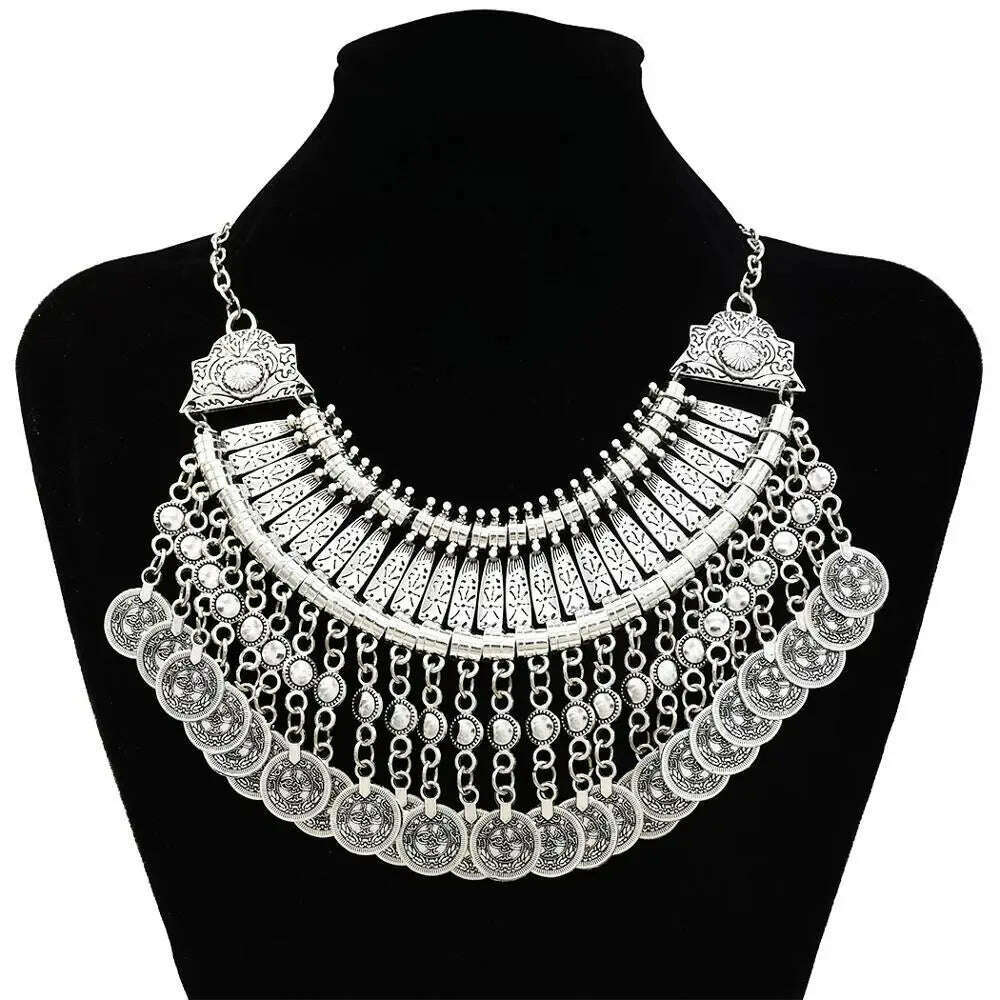 KIMLUD, Vintage Silvery Coin Choker Necklace Earrings Gypsy Ethnic Tribal Turkish Afghan India Pakistan Collar Statement Jewelry Sets, KIMLUD Womens Clothes