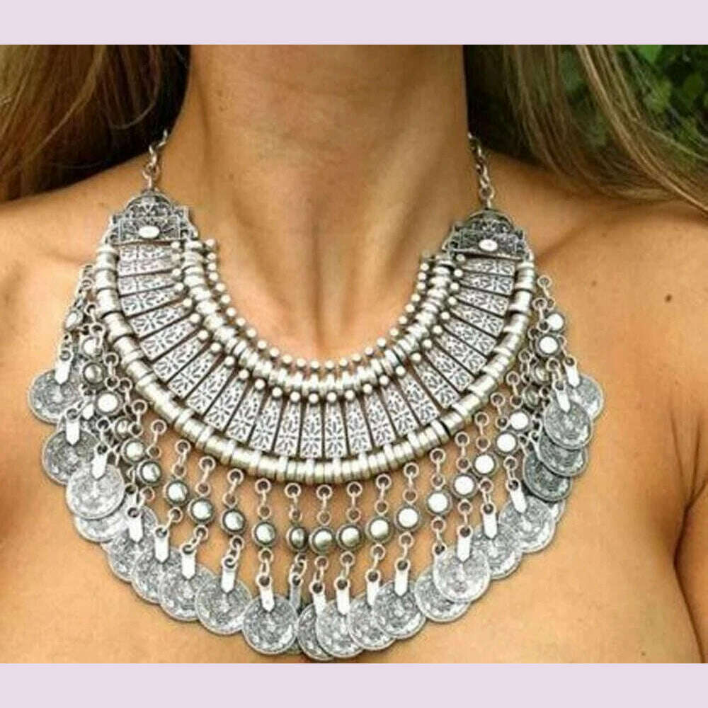 KIMLUD, Vintage Silvery Coin Choker Necklace Earrings Gypsy Ethnic Tribal Turkish Afghan India Pakistan Collar Statement Jewelry Sets, KIMLUD Womens Clothes