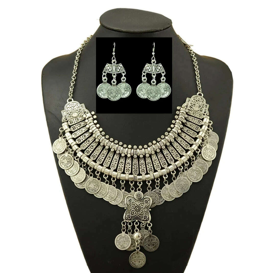 Vintage Silvery Coin Choker Necklace Earrings Gypsy Ethnic Tribal Turkish Afghan India Pakistan Collar Statement Jewelry Sets - KIMLUD