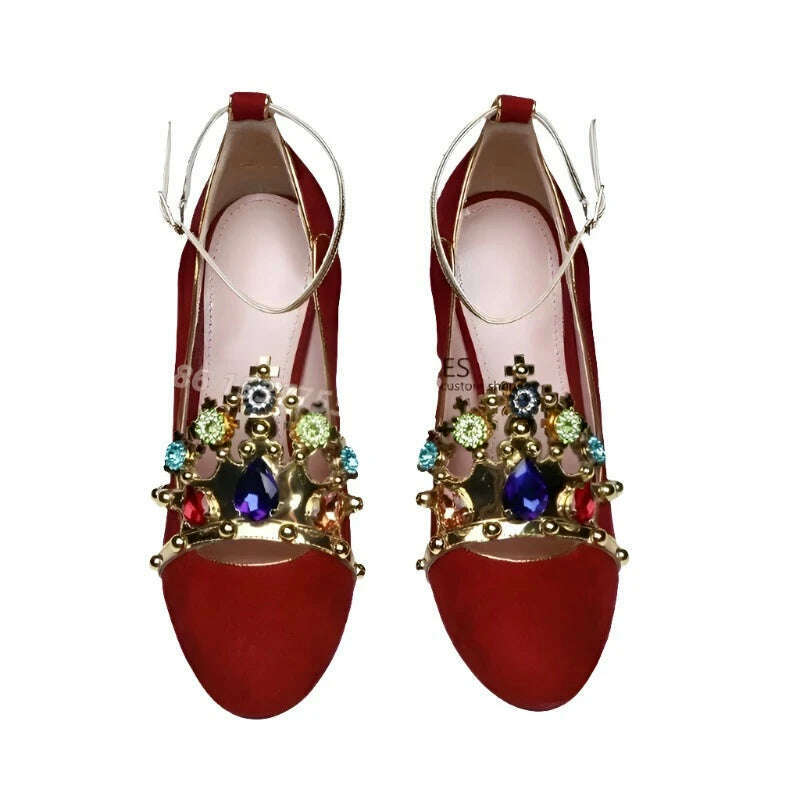 KIMLUD, Vintage Suede Gemstone Crown Decoration Stitching Blue Sequin Star Cloth High Heels Pumps Rhinestone Buckles Thick Heel Shoes, Red / 35, KIMLUD APPAREL - Womens Clothes