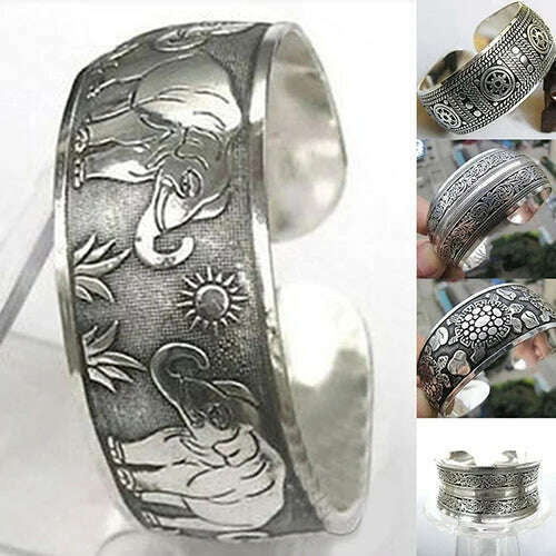 KIMLUD, Vintage Tibetan Silver Elephant Carved Open Bangle Cuff Wide Bracelet Jewelry NEW Gypsy Square Flower Metal Tibetan Silver, KIMLUD Womens Clothes