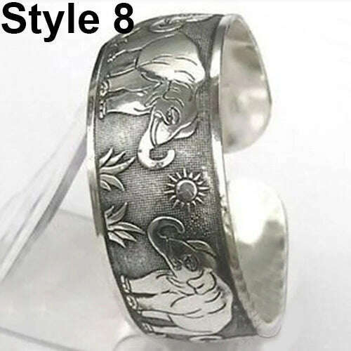 KIMLUD, Vintage Tibetan Silver Elephant Carved Open Bangle Cuff Wide Bracelet Jewelry NEW Gypsy Square Flower Metal Tibetan Silver, KIMLUD Womens Clothes