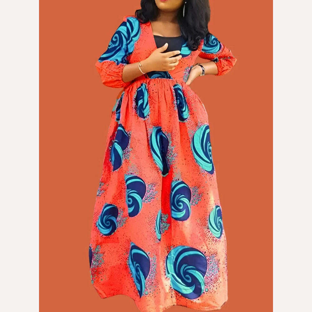 KIMLUD, VONDA Autumn Long Maxi Dress 2024 Women Party Sundress Sexy V Neck Bohemian Printed Vestidos 3/4 Sleeve Casual Party Robe Femme, KIMLUD Womens Clothes