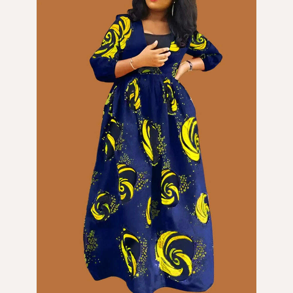 KIMLUD, VONDA Autumn Long Maxi Dress 2024 Women Party Sundress Sexy V Neck Bohemian Printed Vestidos 3/4 Sleeve Casual Party Robe Femme, KIMLUD Womens Clothes