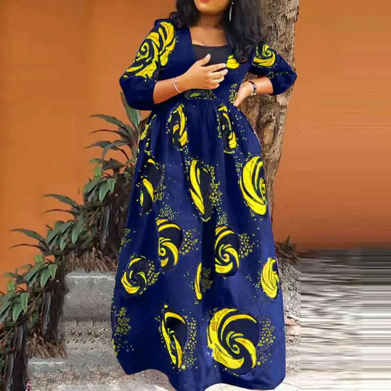 KIMLUD, VONDA Autumn Long Maxi Dress 2024 Women Party Sundress Sexy V Neck Bohemian Printed Vestidos 3/4 Sleeve Casual Party Robe Femme, Navy / M, KIMLUD APPAREL - Womens Clothes