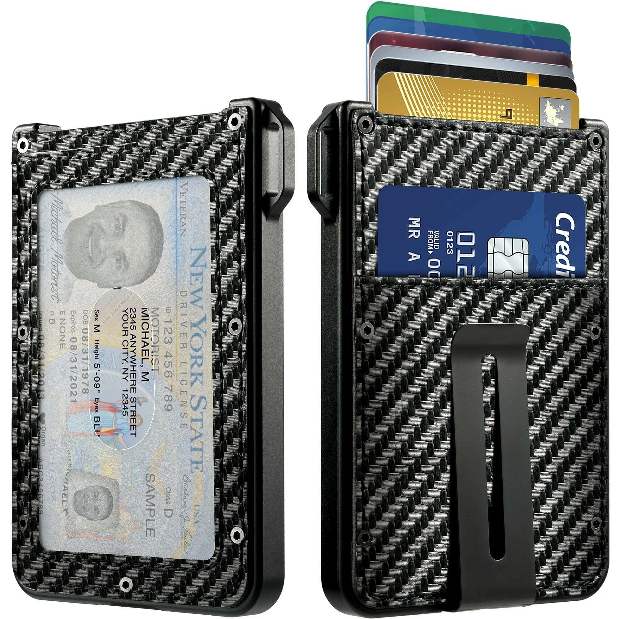 Wallet For Men - Aluminum Slim Carbon Fiber Leather Wallet，Holds up 10 Cards Card Holder with Clear ID Card Holder, Cash Clip - KIMLUD