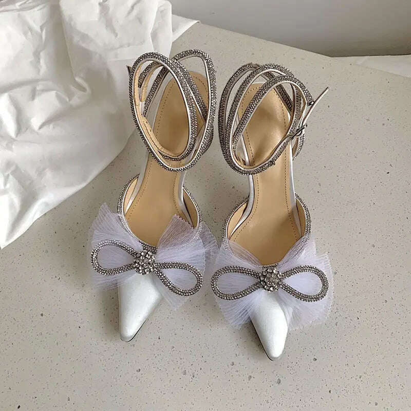 Water Diamond High Heels Women's 2023 New Bow Tie Pointed Thin Heels Wedding Shoes Sandals - KIMLUD