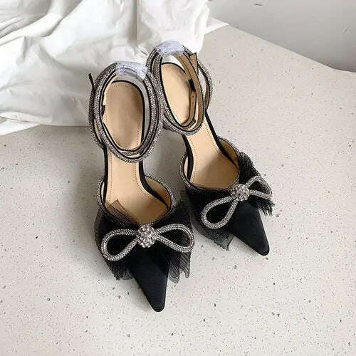 KIMLUD, Water Diamond High Heels Women's 2023 New Bow Tie Pointed Thin Heels Wedding Shoes Sandals, Black (9.5CM) / 34, KIMLUD APPAREL - Womens Clothes