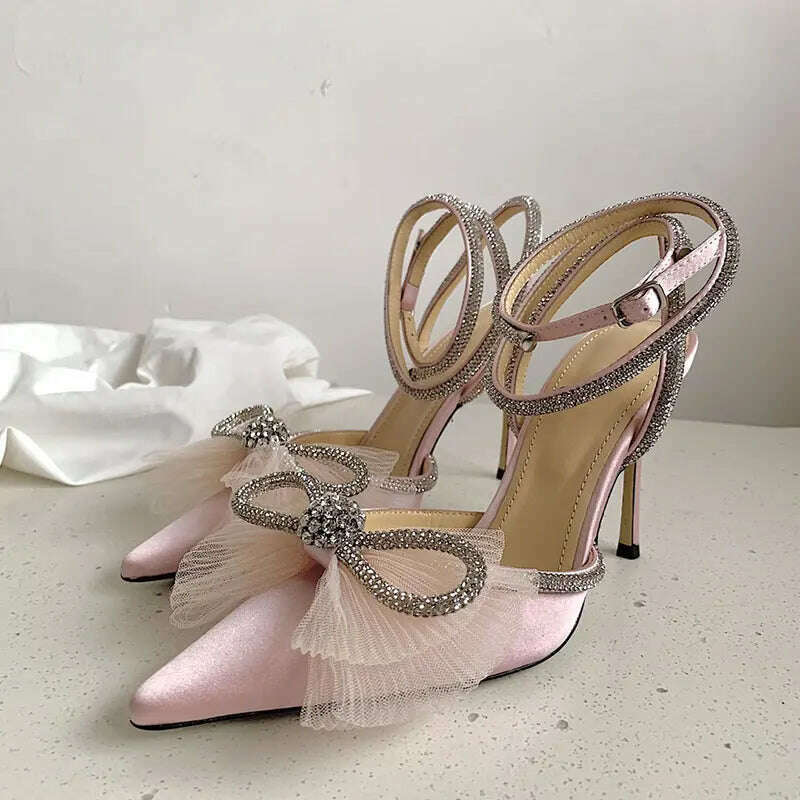 KIMLUD, Water Diamond High Heels Women's 2023 New Bow Tie Pointed Thin Heels Wedding Shoes Sandals, KIMLUD Womens Clothes