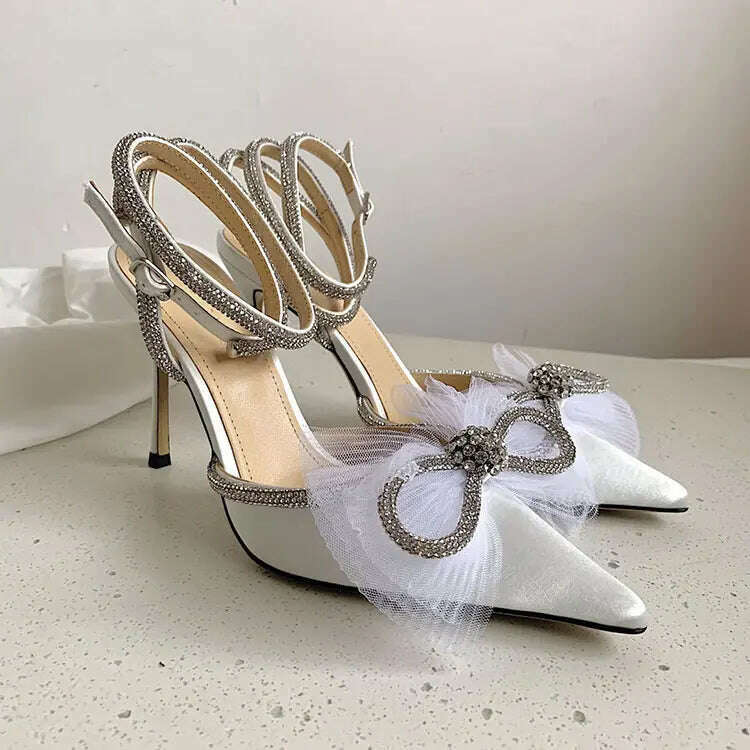 KIMLUD, Water Diamond High Heels Women's 2023 New Bow Tie Pointed Thin Heels Wedding Shoes Sandals, KIMLUD Womens Clothes