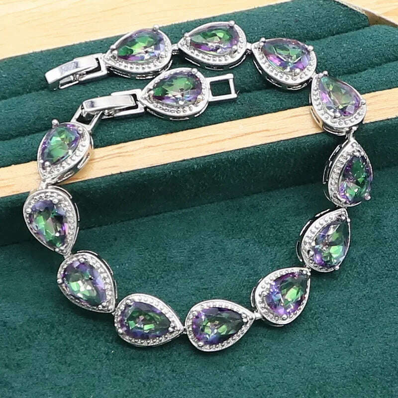 KIMLUD, Water Drop  Rainbow Topaz 925 Silver Wedding Jewelry set for Women Party Bracelet Earrings Necklace pendant Ring, KIMLUD Womens Clothes