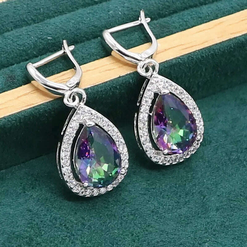 KIMLUD, Water Drop  Rainbow Topaz 925 Silver Wedding Jewelry set for Women Party Bracelet Earrings Necklace pendant Ring, KIMLUD Womens Clothes