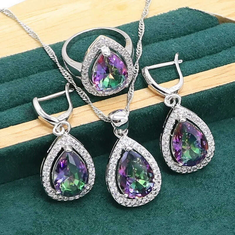 KIMLUD, Water Drop  Rainbow Topaz 925 Silver Wedding Jewelry set for Women Party Bracelet Earrings Necklace pendant Ring, 3pcs / 9, KIMLUD APPAREL - Womens Clothes