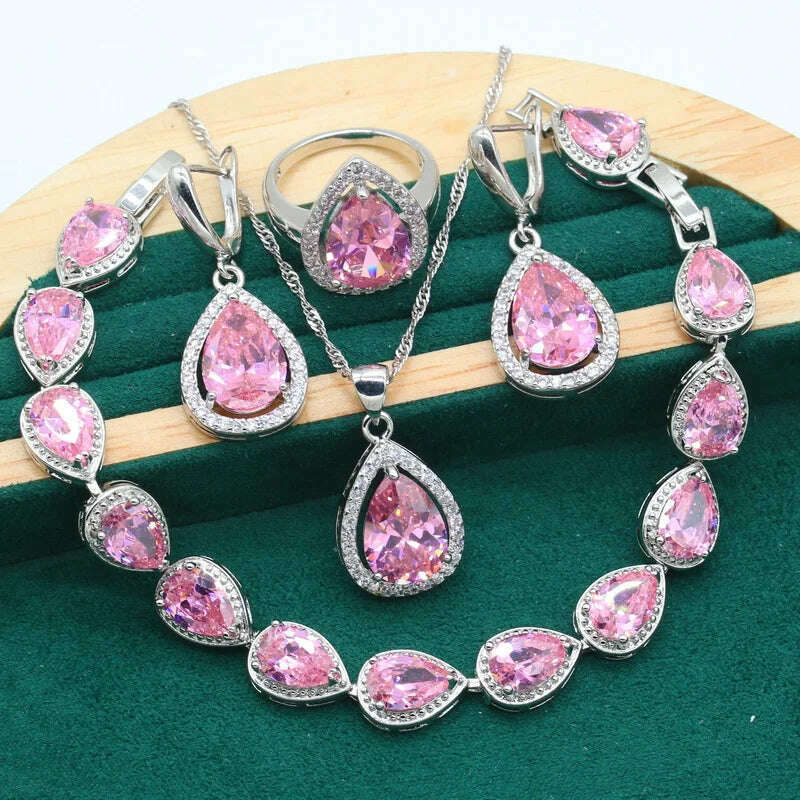 KIMLUD, Water Drop  Rainbow Topaz 925 Silver Wedding Jewelry set for Women Party Bracelet Earrings Necklace pendant Ring, Pink 4pcs / 10, KIMLUD APPAREL - Womens Clothes