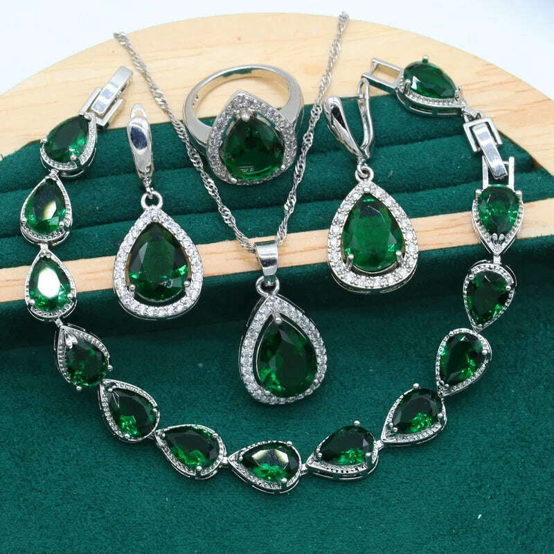 KIMLUD, Water Drop  Rainbow Topaz 925 Silver Wedding Jewelry set for Women Party Bracelet Earrings Necklace pendant Ring, Green 4pcs / 7, KIMLUD APPAREL - Womens Clothes