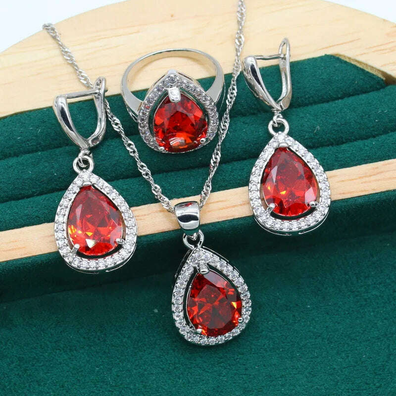 KIMLUD, Water Drop  Rainbow Topaz 925 Silver Wedding Jewelry set for Women Party Bracelet Earrings Necklace pendant Ring, Red 3pcs / 10, KIMLUD APPAREL - Womens Clothes