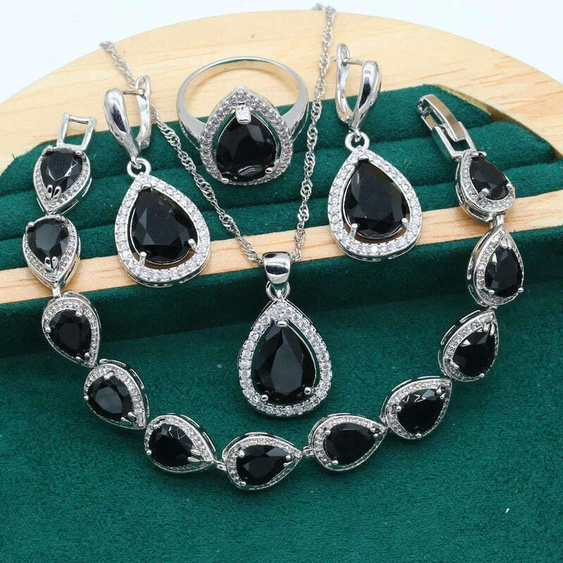 KIMLUD, Water Drop  Rainbow Topaz 925 Silver Wedding Jewelry set for Women Party Bracelet Earrings Necklace pendant Ring, Black 4pcs / 10, KIMLUD APPAREL - Womens Clothes