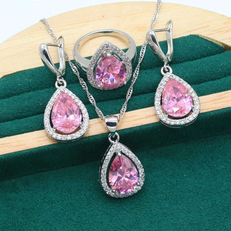 KIMLUD, Water Drop  Rainbow Topaz 925 Silver Wedding Jewelry set for Women Party Bracelet Earrings Necklace pendant Ring, Pink 3pcs / 6, KIMLUD APPAREL - Womens Clothes