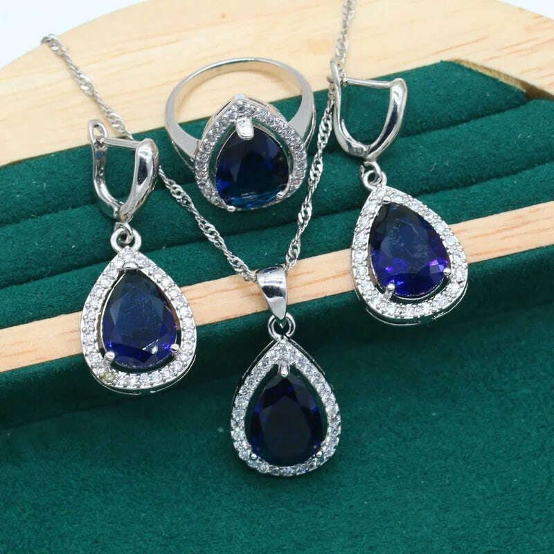 KIMLUD, Water Drop  Rainbow Topaz 925 Silver Wedding Jewelry set for Women Party Bracelet Earrings Necklace pendant Ring, Blue 3pcs / 10, KIMLUD APPAREL - Womens Clothes