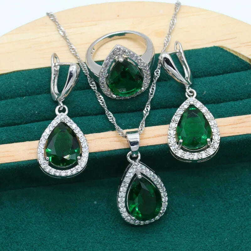 KIMLUD, Water Drop  Rainbow Topaz 925 Silver Wedding Jewelry set for Women Party Bracelet Earrings Necklace pendant Ring, Green 3pcs / 10, KIMLUD APPAREL - Womens Clothes