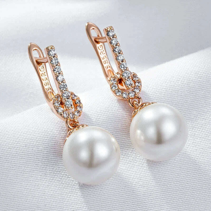 KIMLUD, Wbmqda Elegant Pearl Drop Earrings for Women 585 Rose Gold Color With Natural Zircon Luxury Wedding Party Fine Jewelry, KIMLUD Womens Clothes