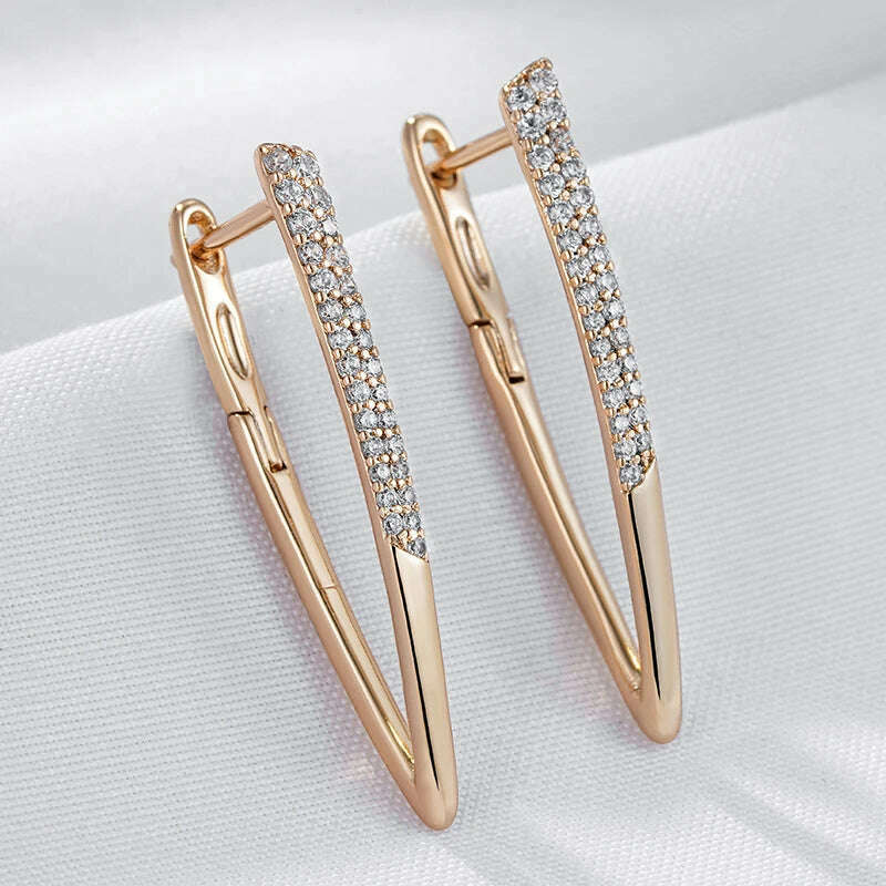 KIMLUD, Wbmqda Luxury Fashion V Shape Drop Earrings For Women 585 Rose Gold Color With White Natural Zircon Wedding Party Best Jewelry, KIMLUD Womens Clothes