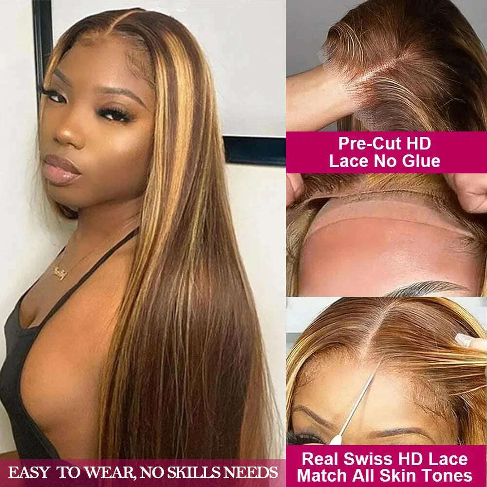 KIMLUD, Wear Go Glueless 4/27 Highlight Straight Pre Cut 4x6 Glueless Wig Human Hair Pre plucked Brazilian Remy Hair Wigs Ready To Wear, KIMLUD Womens Clothes