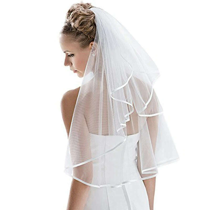 KIMLUD, Wedding Simple Tulle White Ivory Two Layers Bridal Veils Ribbon Edge Cheap Bride Accessories 75cm Short Women Veil With Comb, KIMLUD Womens Clothes