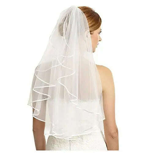 Wedding Simple Tulle White Ivory Two Layers Bridal Veils Ribbon Edge Cheap Bride Accessories 75cm Short Women Veil With Comb - KIMLUD