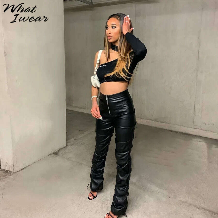 KIMLUD, Whatiwear Summer Leather Women Pants Y2k Black High Waist  Long Streetwear Spring Woman Trousers Pleated Sexy Aesthetic 2022, KIMLUD Womens Clothes