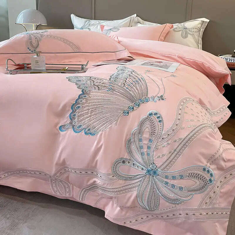 KIMLUD, White Egypt Cotton Luxury Butterfly Embroidery Bedding Set Duvet Cover Bed Linen Sheet Pillowcase Double King Size Quilt Covers, Pink / Queen Size 4pcs / Flat Bed Sheet, KIMLUD APPAREL - Womens Clothes