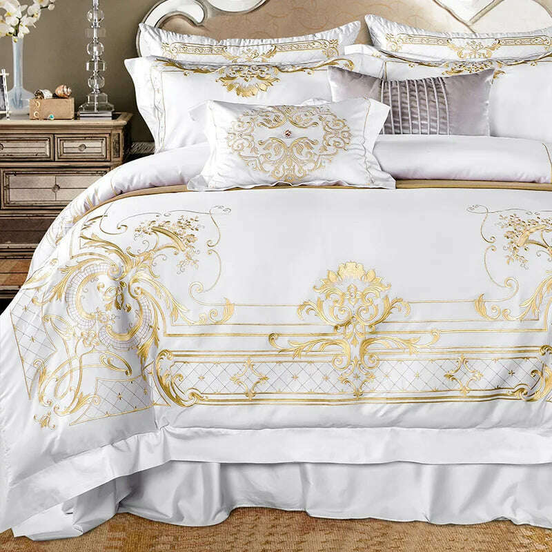 White Egyptian Cotton Bedding set US King Queen size Chic Golden Embroidery Bedding sets Super Soft Bed sheet set Duvet cover - KIMLUD