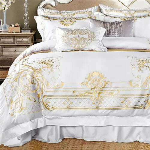 KIMLUD, White Egyptian Cotton Bedding set US King Queen size Chic Golden Embroidery Bedding sets Super Soft Bed sheet set Duvet cover, Color 1 / Queen size 4pcs, KIMLUD APPAREL - Womens Clothes