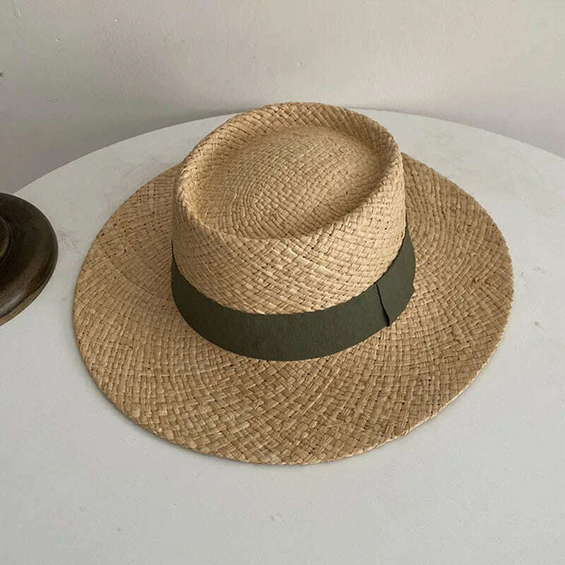 KIMLUD, Wide Brim Straw Fedora Hat Ribbon Band Beach Hats Women Straw Woven Sun Hats Summer Holidaty Panama Hat, Green, KIMLUD APPAREL - Womens Clothes