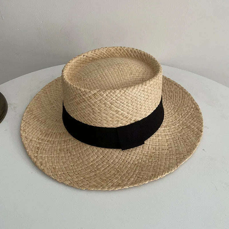 KIMLUD, Wide Brim Straw Fedora Hat Ribbon Band Beach Hats Women Straw Woven Sun Hats Summer Holidaty Panama Hat, Black, KIMLUD APPAREL - Womens Clothes