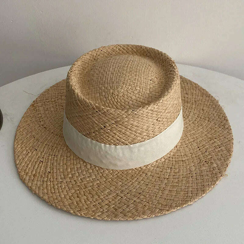 KIMLUD, Wide Brim Straw Fedora Hat Ribbon Band Beach Hats Women Straw Woven Sun Hats Summer Holidaty Panama Hat, White, KIMLUD APPAREL - Womens Clothes