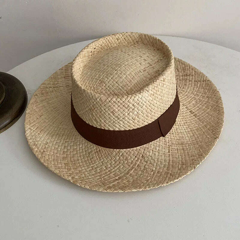 KIMLUD, Wide Brim Straw Fedora Hat Ribbon Band Beach Hats Women Straw Woven Sun Hats Summer Holidaty Panama Hat, Coffee, KIMLUD APPAREL - Womens Clothes