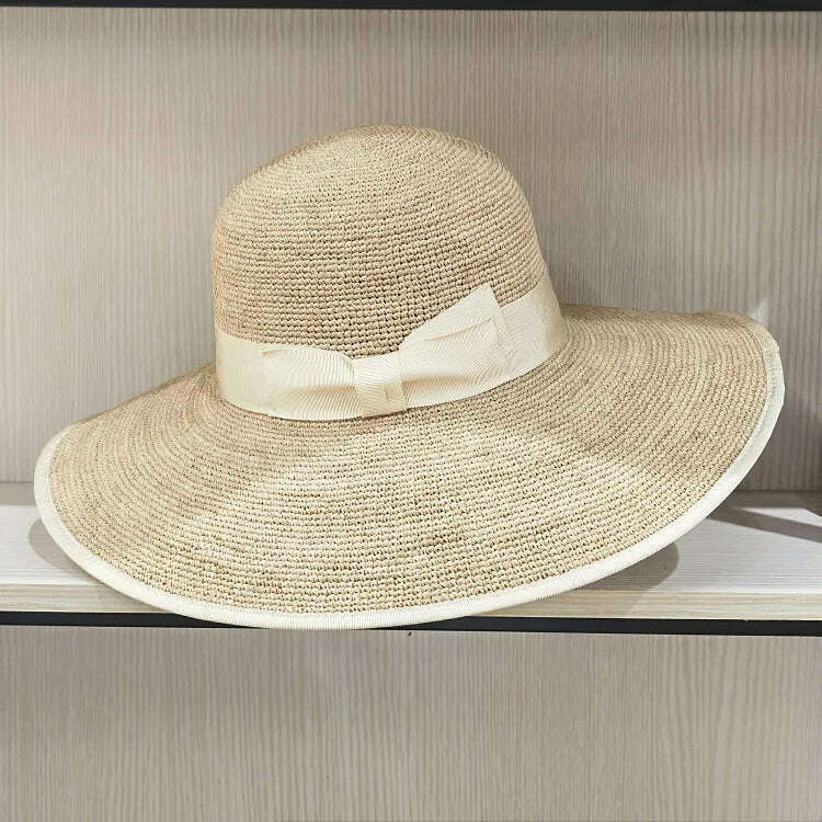 Wide Brim Summer Hats Elegant Raffia Straw Hats with Bowknot Women Sun Hat Female Hat - KIMLUD