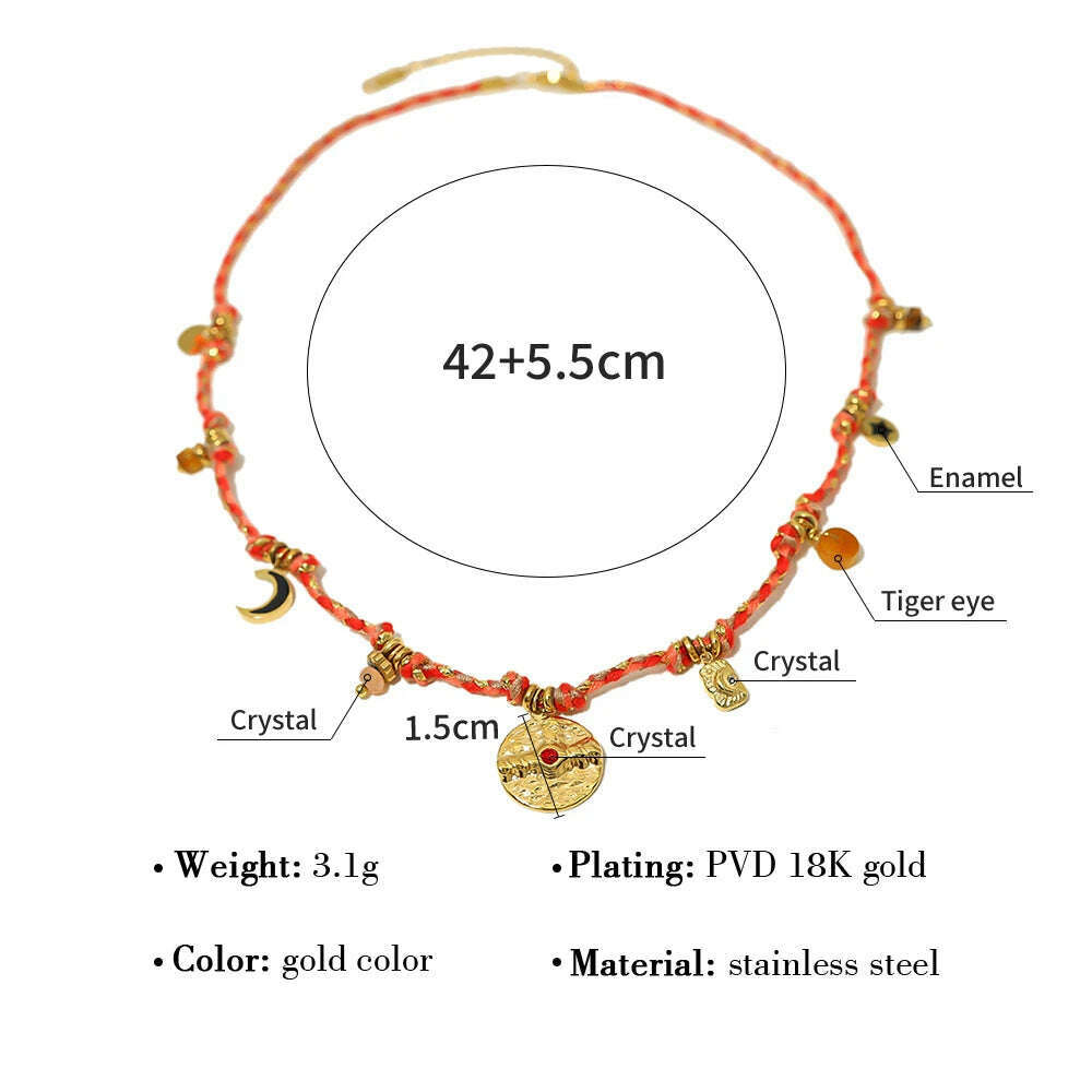 KIMLUD, WILD & FREE Vintage Stainless Steel Charms Necklaces for Women Boho Pink Blue Rope Chains Bracelets Trendy Jewelry Sets, WF0535-06, KIMLUD APPAREL - Womens Clothes