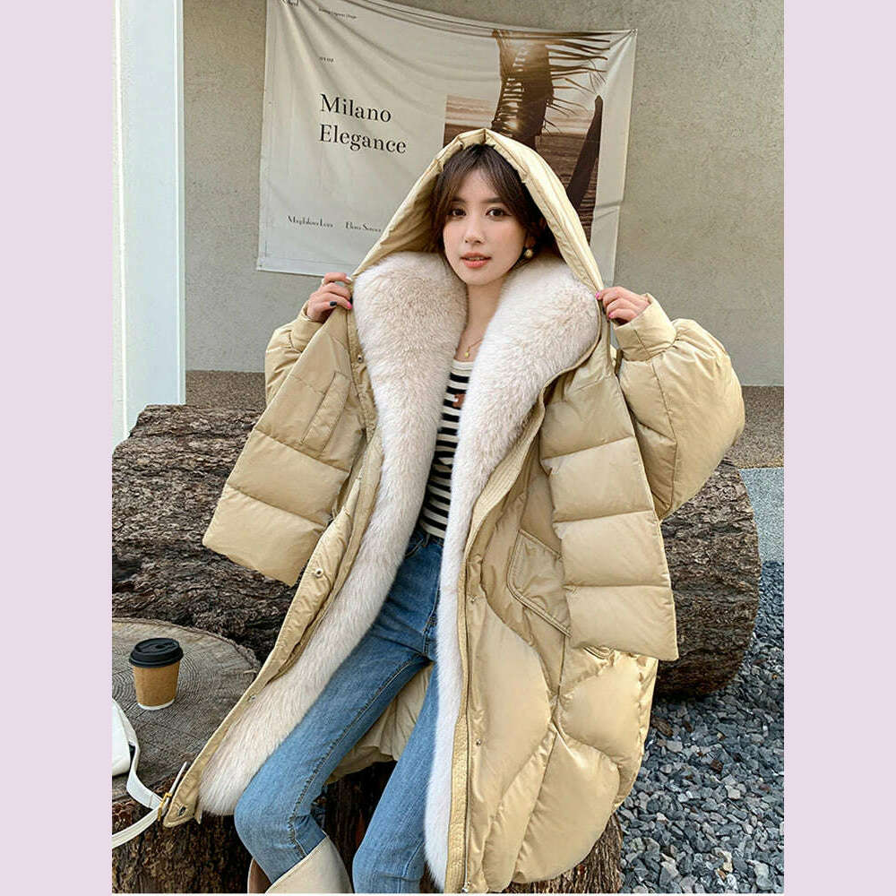 KIMLUD, Winter 90% Goose Down Jacket Natural Fox Fur Collar Long Thick Warm Women Coat Hooded Puffer Jacket Luxury Outwear Female Coat, KIMLUD Womens Clothes