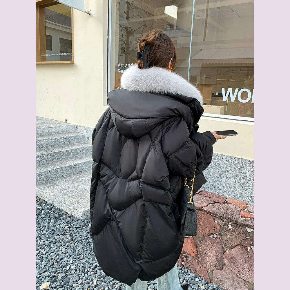 KIMLUD, Winter 90% Goose Down Jacket Natural Fox Fur Collar Long Thick Warm Women Coat Hooded Puffer Jacket Luxury Outwear Female Coat, KIMLUD Womens Clothes