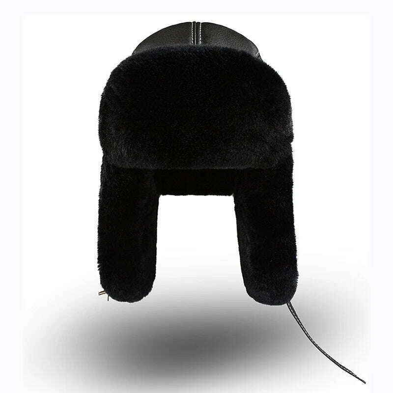 KIMLUD, Winter Bomber Hats Rex Rabbit Fur Earflap Russian Ushanka Men Trapper Aviator Pilot Hat Real Leather Fur Snow Caps, KIMLUD Womens Clothes