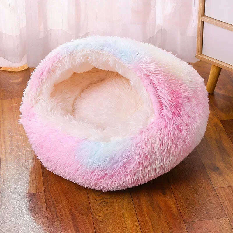 KIMLUD, winter dog Plush Round Bed Pet Mattress Warm Soft Comfortable Basket Cat Dog Sleeping Bag Nest for Small Dogs Medium dogs cat, rainbow / 60cm(5-10KG), KIMLUD APPAREL - Womens Clothes